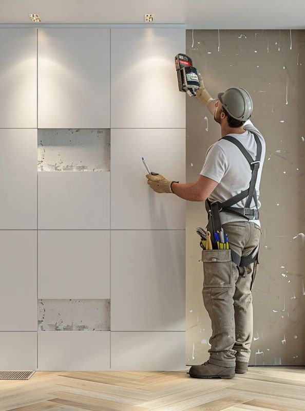 Drywall installer measuring and finishing a panel along a hallway