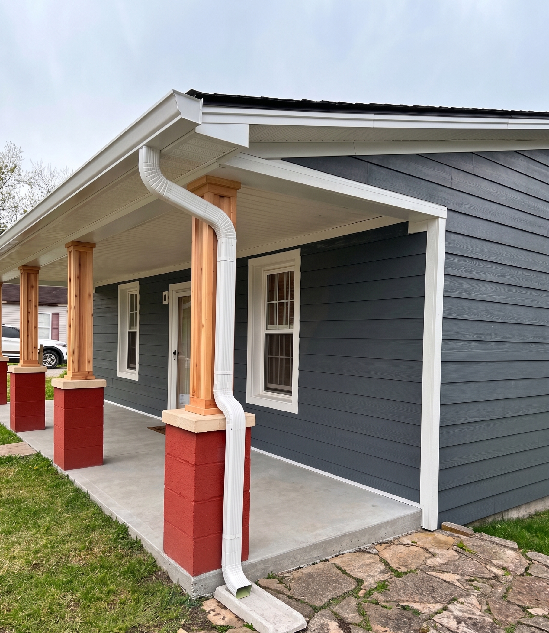 Front porch addition with dark gray siding, white trim, and stained wood columns on brick foundation
